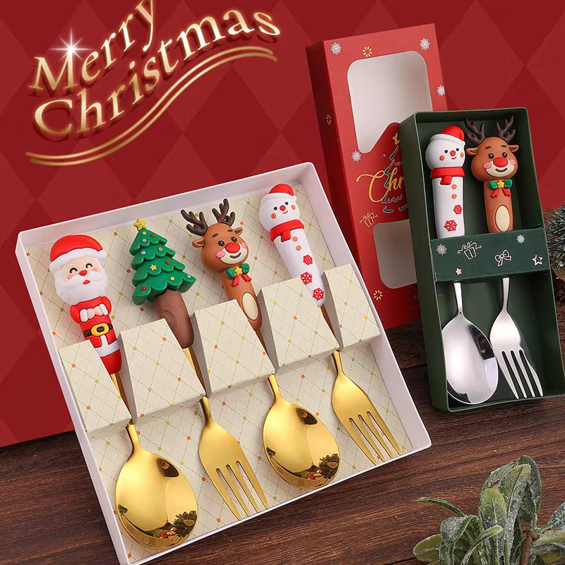 Christmas Gift Set 🎄 Cute Cartoon Spoon & Fork Box Set Stainless Steel