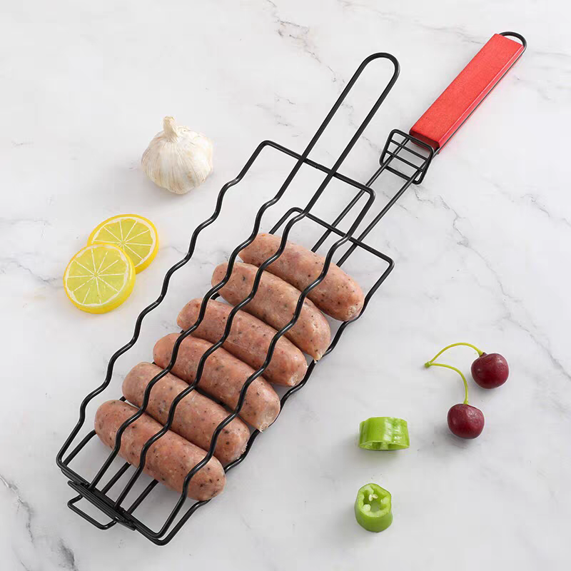 BBQ Grill Basket 🍖 Non-Stick Sausage & Fish Grilling Clamp for Outdoor Cooking
