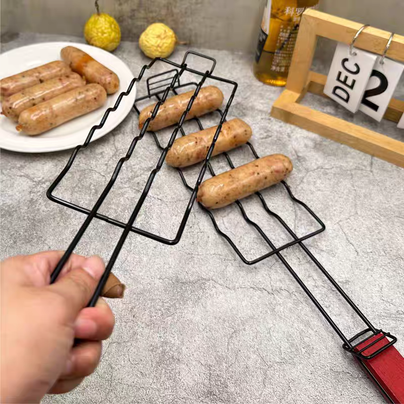 BBQ Grill Basket 🍖 Non-Stick Sausage & Fish Grilling Clamp for Outdoor Cooking