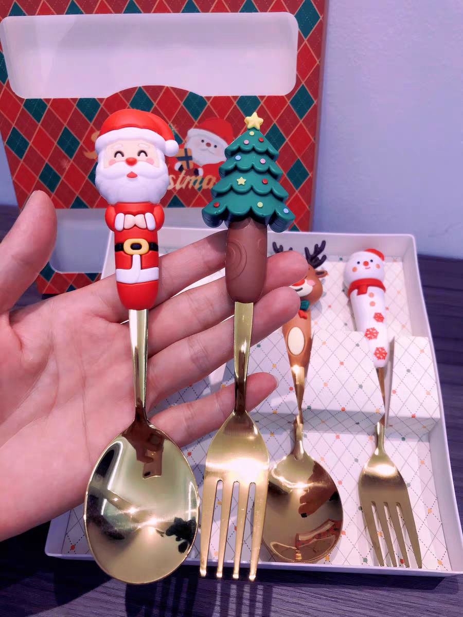 Christmas Gift Set 🎄 Cute Cartoon Spoon & Fork Box Set Stainless Steel