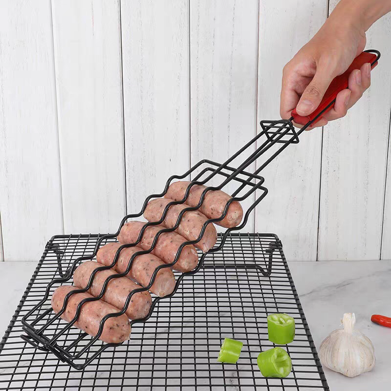 BBQ Grill Basket Non-Stick Sausage & Fish Grilling Clamp for Outdoor Cooking