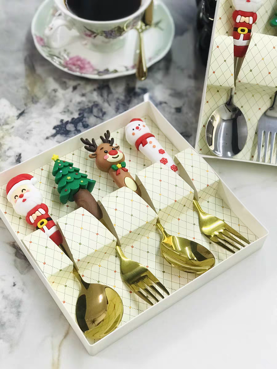 Christmas Gift Set 🎄 Cute Cartoon Spoon & Fork Box Set Stainless Steel