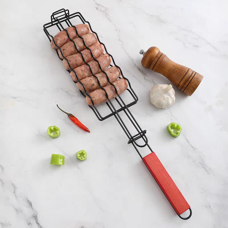 BBQ Grill Basket 🍖 Non-Stick Sausage & Fish Grilling Clamp for Outdoor Cooking