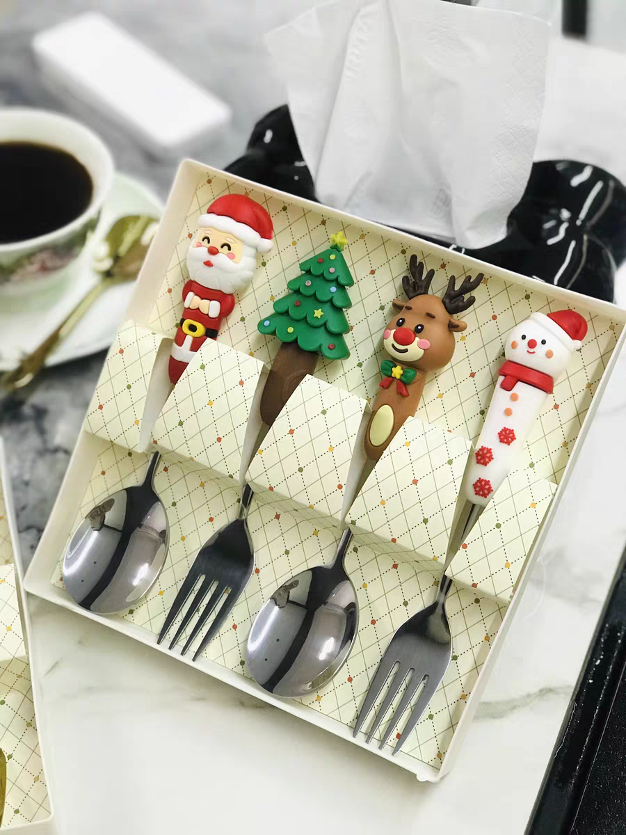 Christmas Gift Set 🎄 Cute Cartoon Spoon & Fork Box Set Stainless Steel