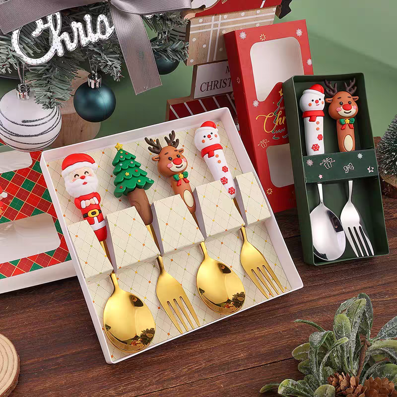 Christmas Gift Set 🎄 Cute Cartoon Spoon & Fork Box Set Stainless Steel