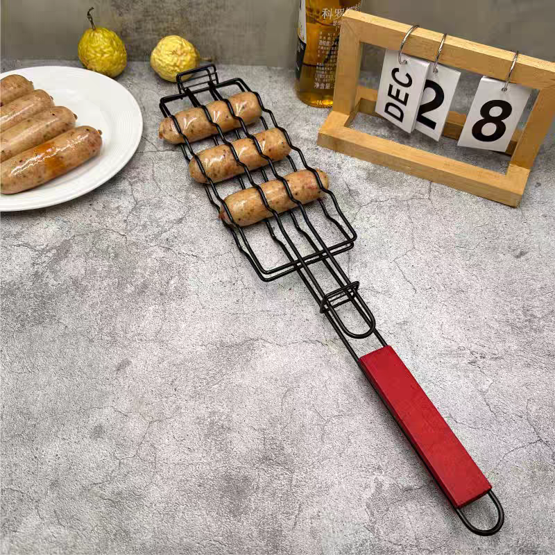 BBQ Grill Basket 🍖 Non-Stick Sausage & Fish Grilling Clamp for Outdoor Cooking