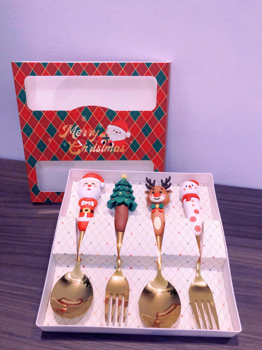 Christmas Gift Set 🎄 Cute Cartoon Spoon & Fork Box Set Stainless Steel