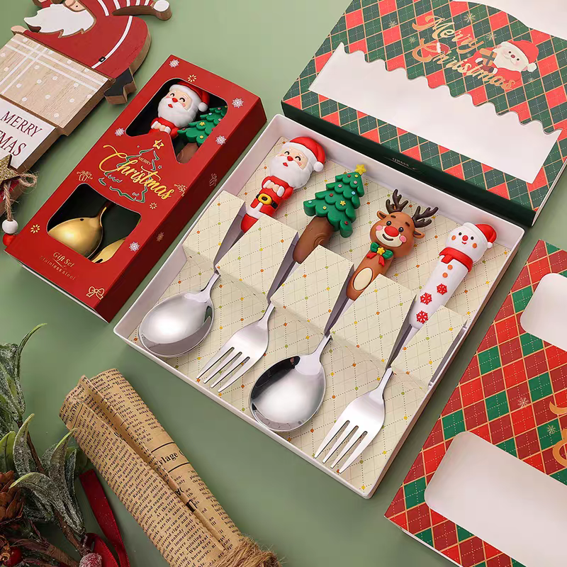 Christmas Gift Set 🎄 Cute Cartoon Spoon & Fork Box Set Stainless Steel