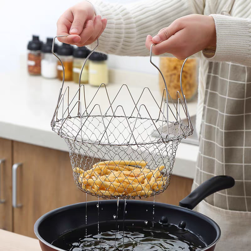 304 Stainless Steel Folding Fry Basket 🍟 Multi-Purpose Kitchen Strainer