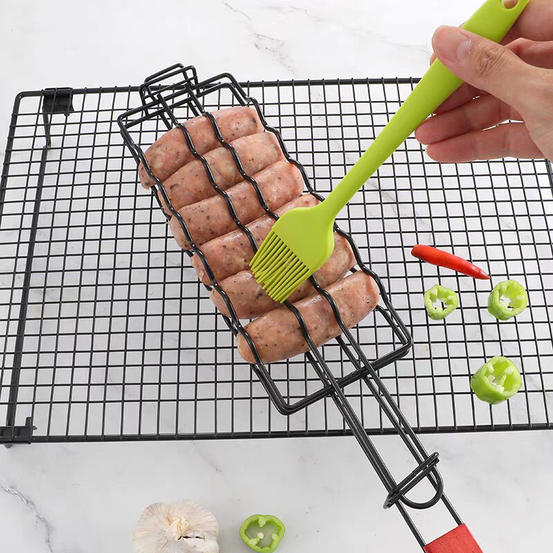 BBQ Grill Basket 🍖 Non-Stick Sausage & Fish Grilling Clamp for Outdoor Cooking